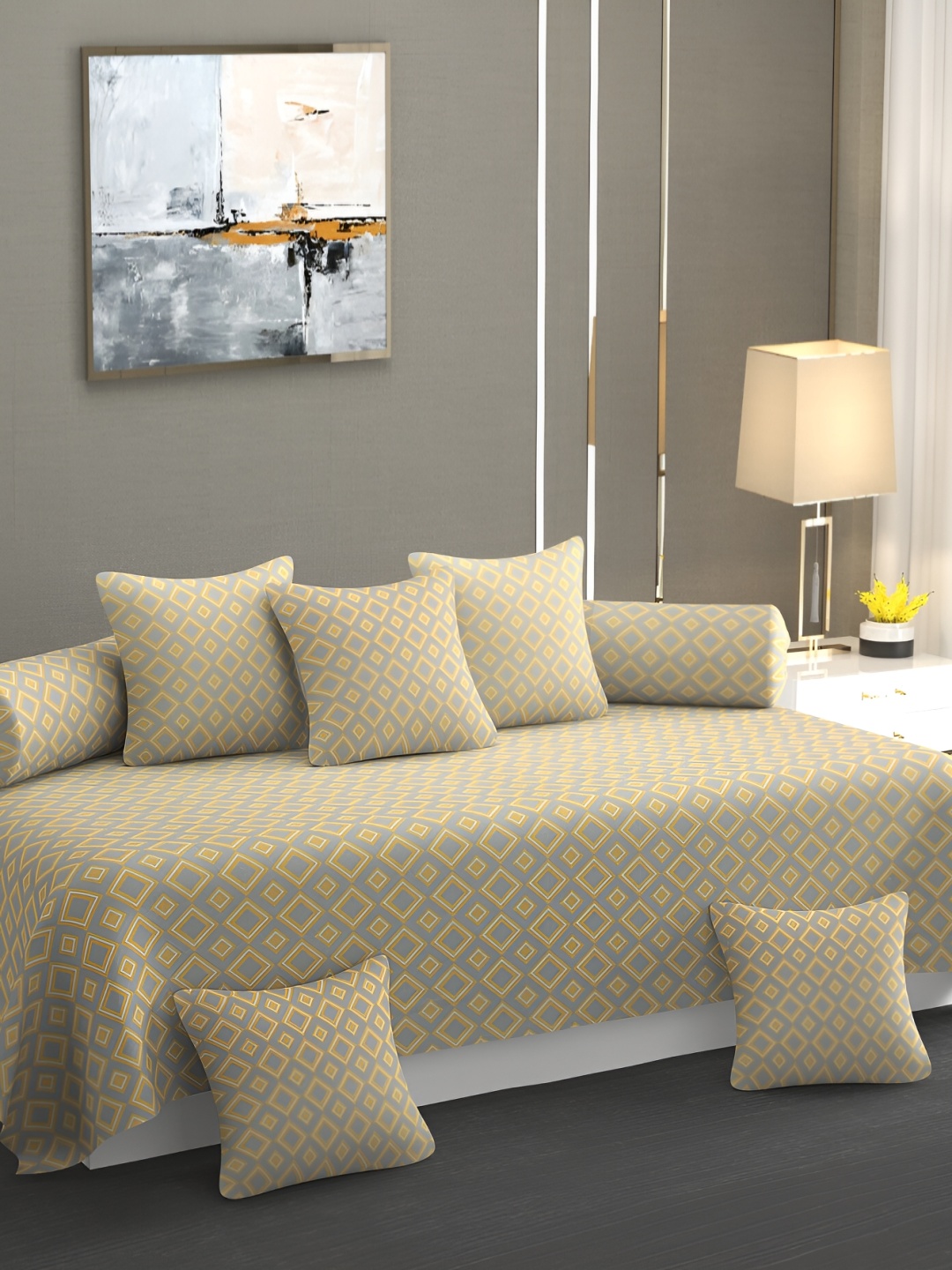 

CHHILAKIYA Grey & Yellow 8 Pcs Geometric Printed Glace Cotton Diwan Set