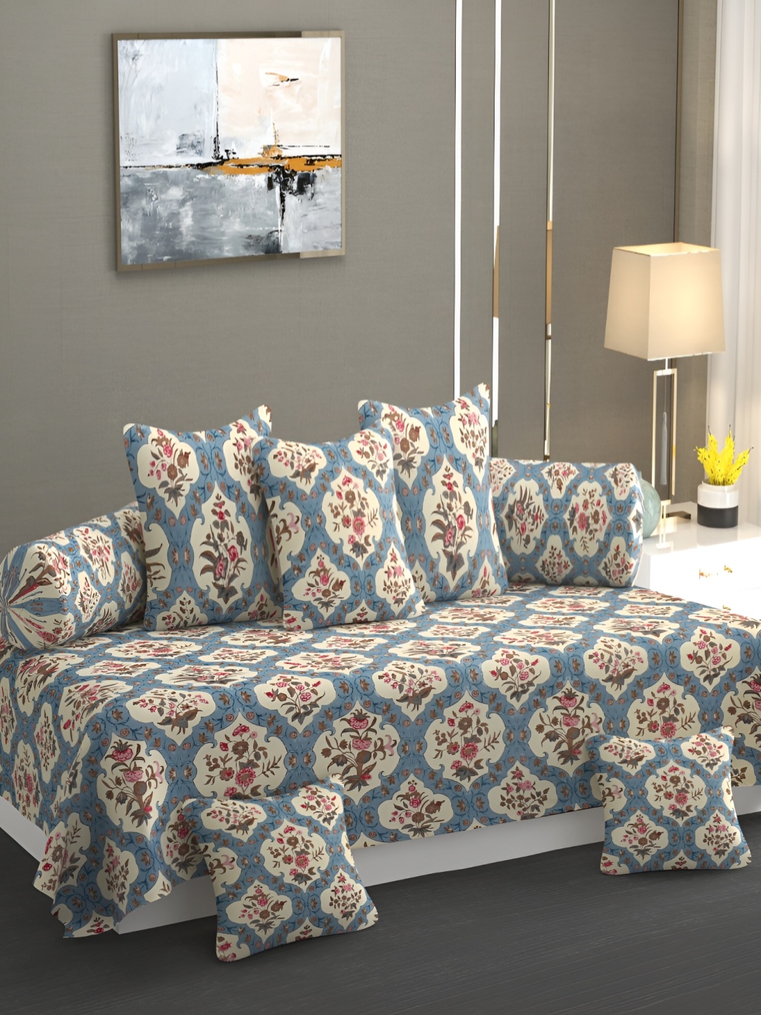 

CHHILAKIYA Blue & Beige 8 Pcs Floral Printed Glace Cotton Diwan Set