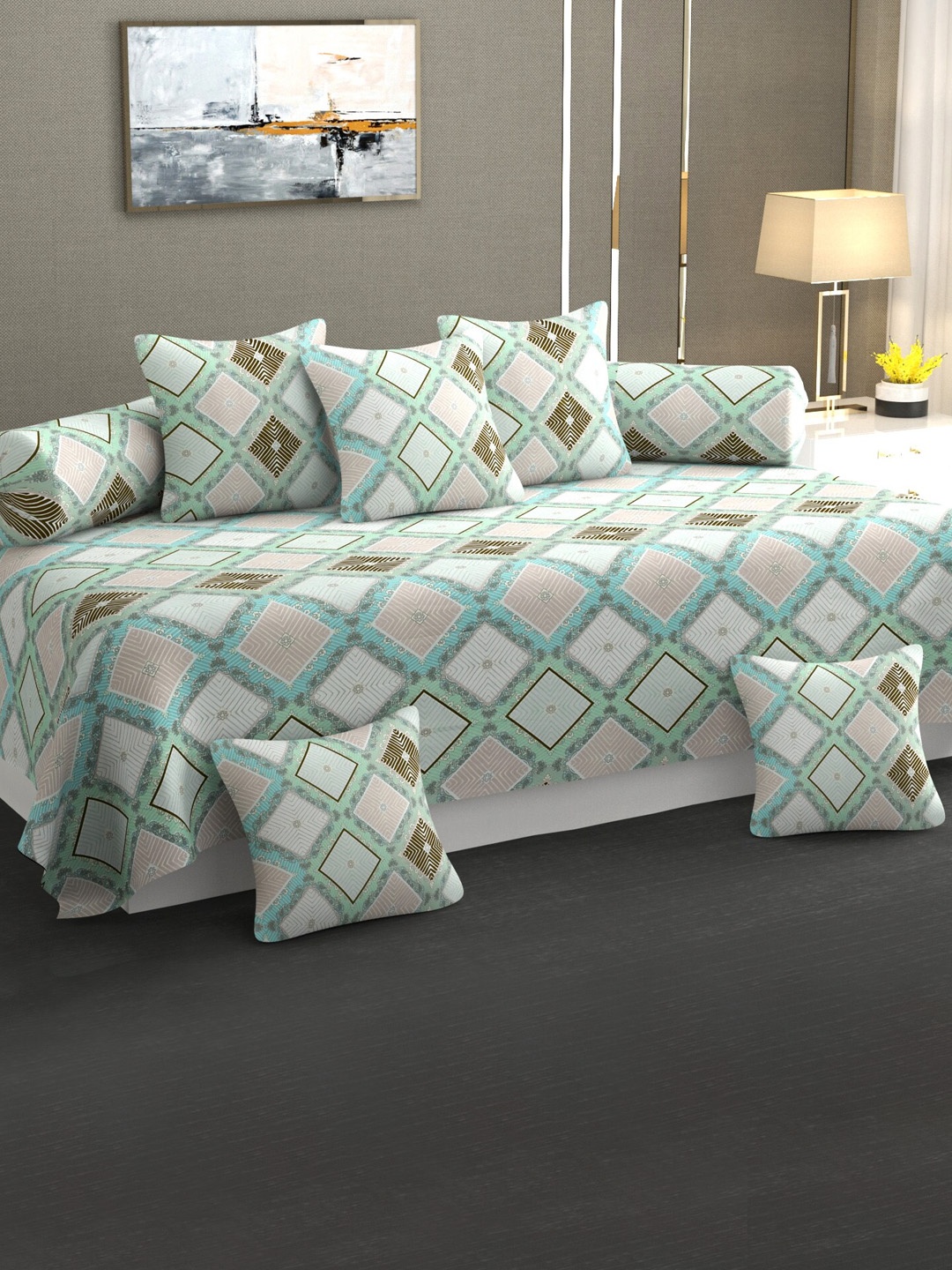 

CHHILAKIYA Green & Blue 8 Pcs Geometric Printed Glace Cotton Diwan Set