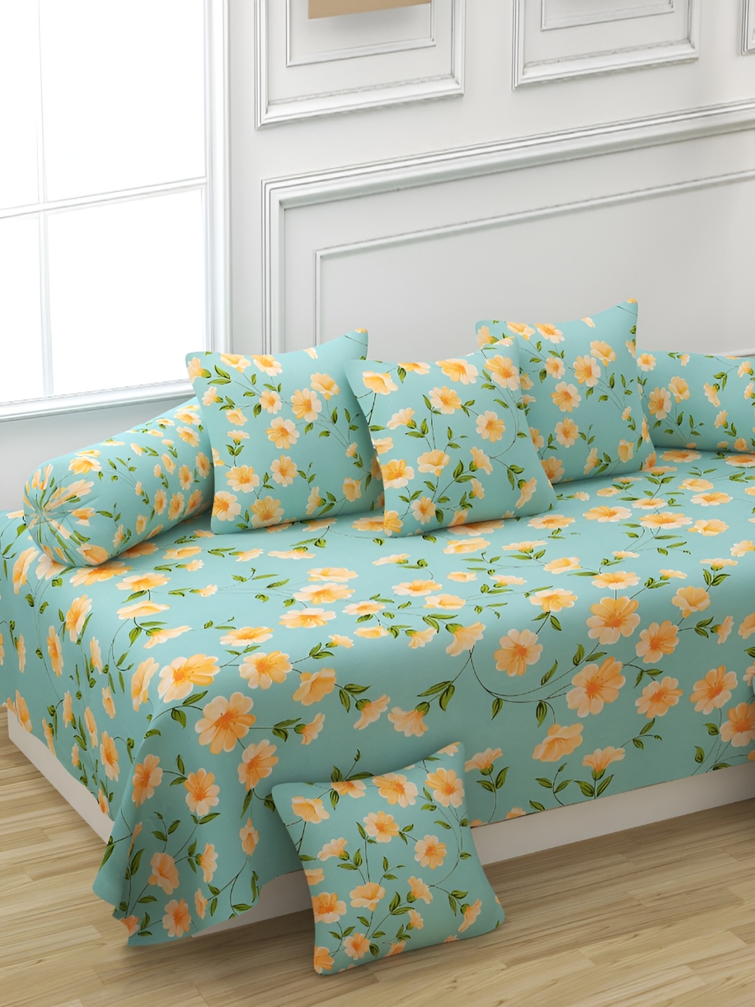 

CHHILAKIYA 8 Pcs Blue & Yellow Floral Printed Glace Cotton Diwan Set