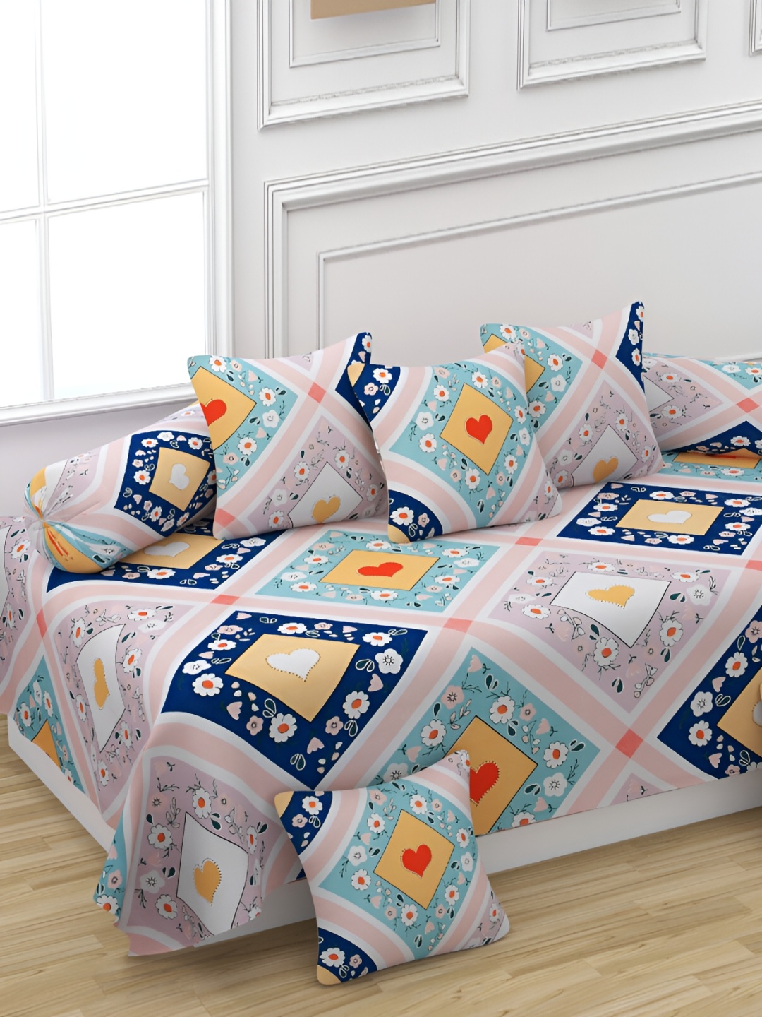 

CHHILAKIYA Purple & Blue 8 Pieces Floral Printed Glace Cotton Diwan Set