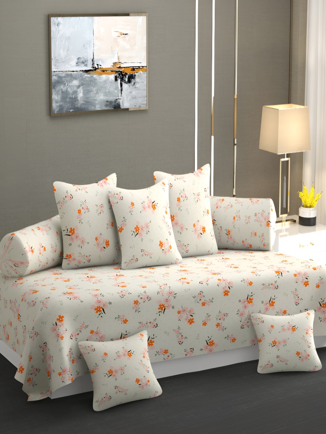 

CHHILAKIYA Off White & Pink 8 Pcs Floral Printed Glace Cotton Diwan Set