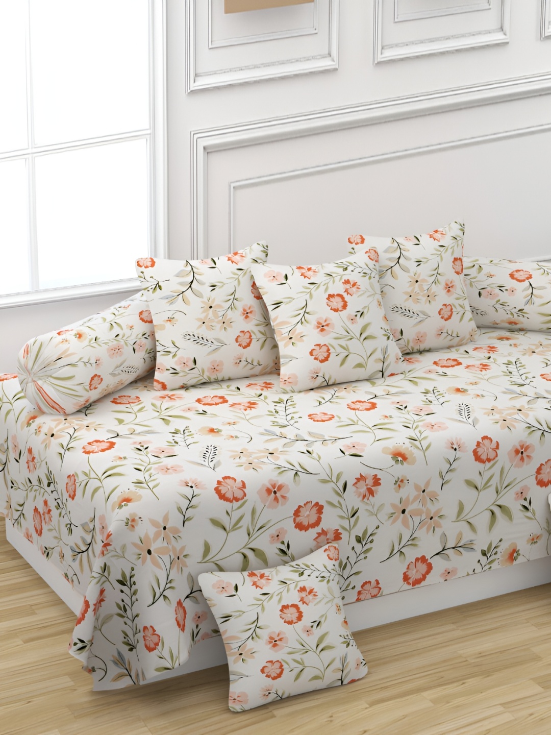 

CHHILAKIYA White & Pink 8 Pcs Floral Printed Glace Cotton Diwan Set