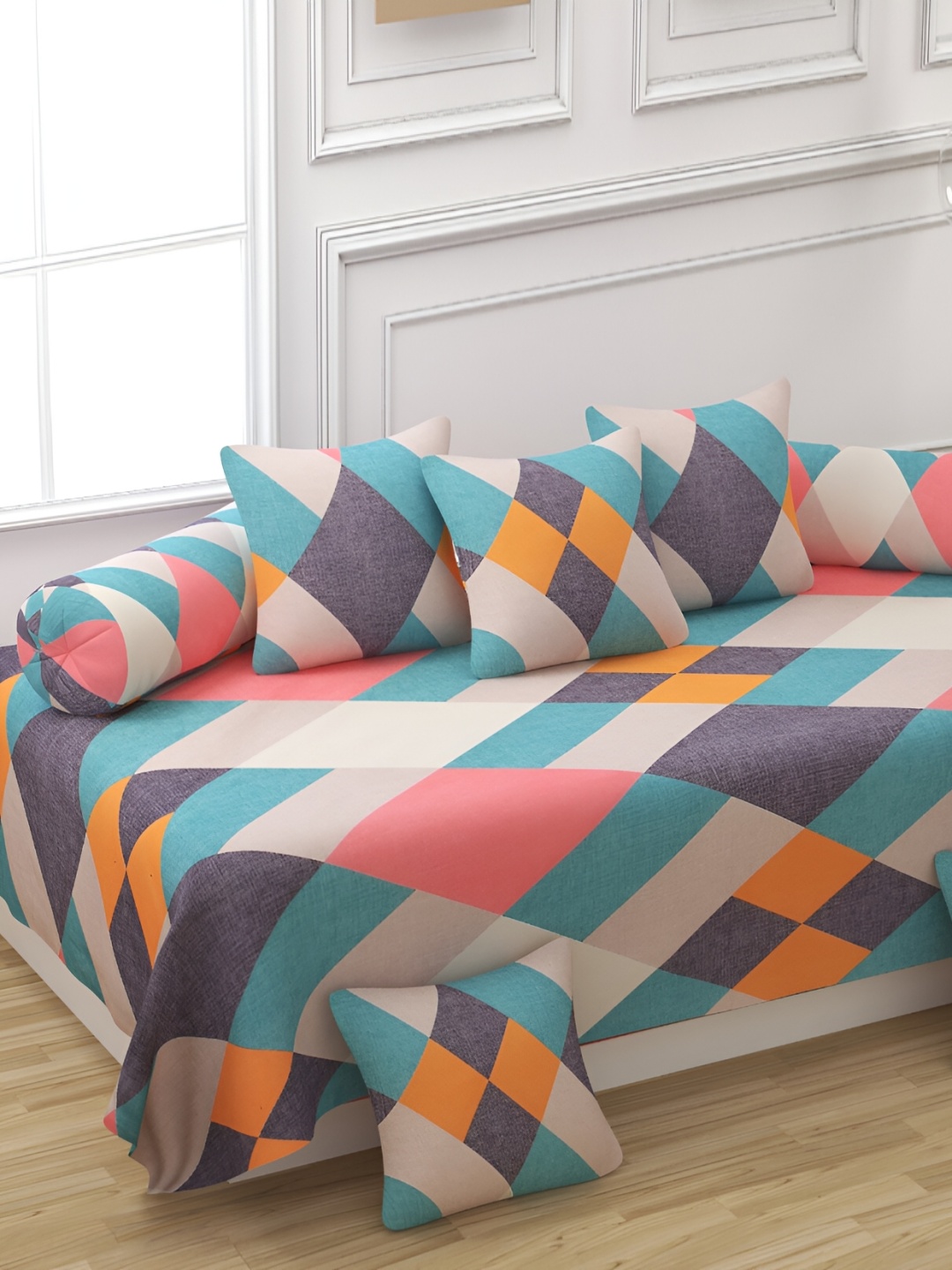 

CHHILAKIYA Blue & Pink 8 Pcs Geometric Printed Glace Cotton Diwan Set