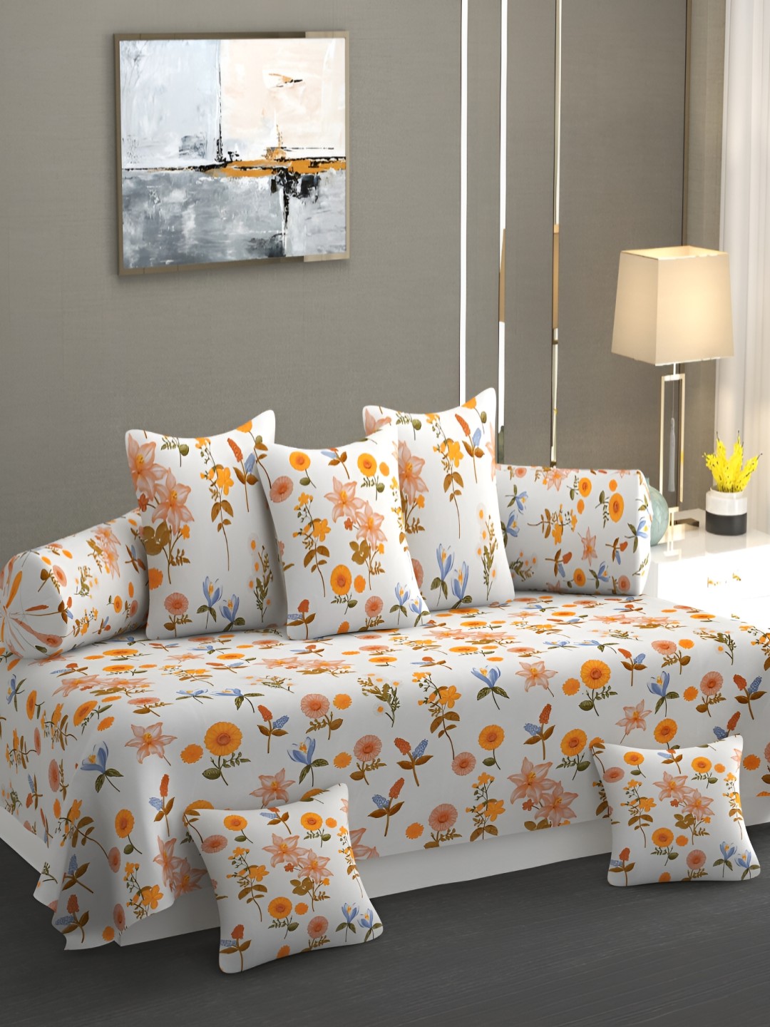 

CHHILAKIYA White & Orange 8 Pcs Floral Printed Glace Cotton Diwan Set
