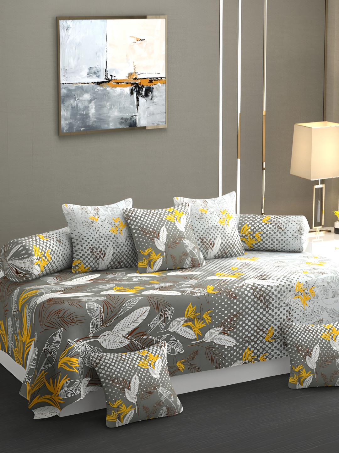 

CHHILAKIYA Grey & Yellow 8 Pcs Floral Printed Glace Cotton Diwan Set