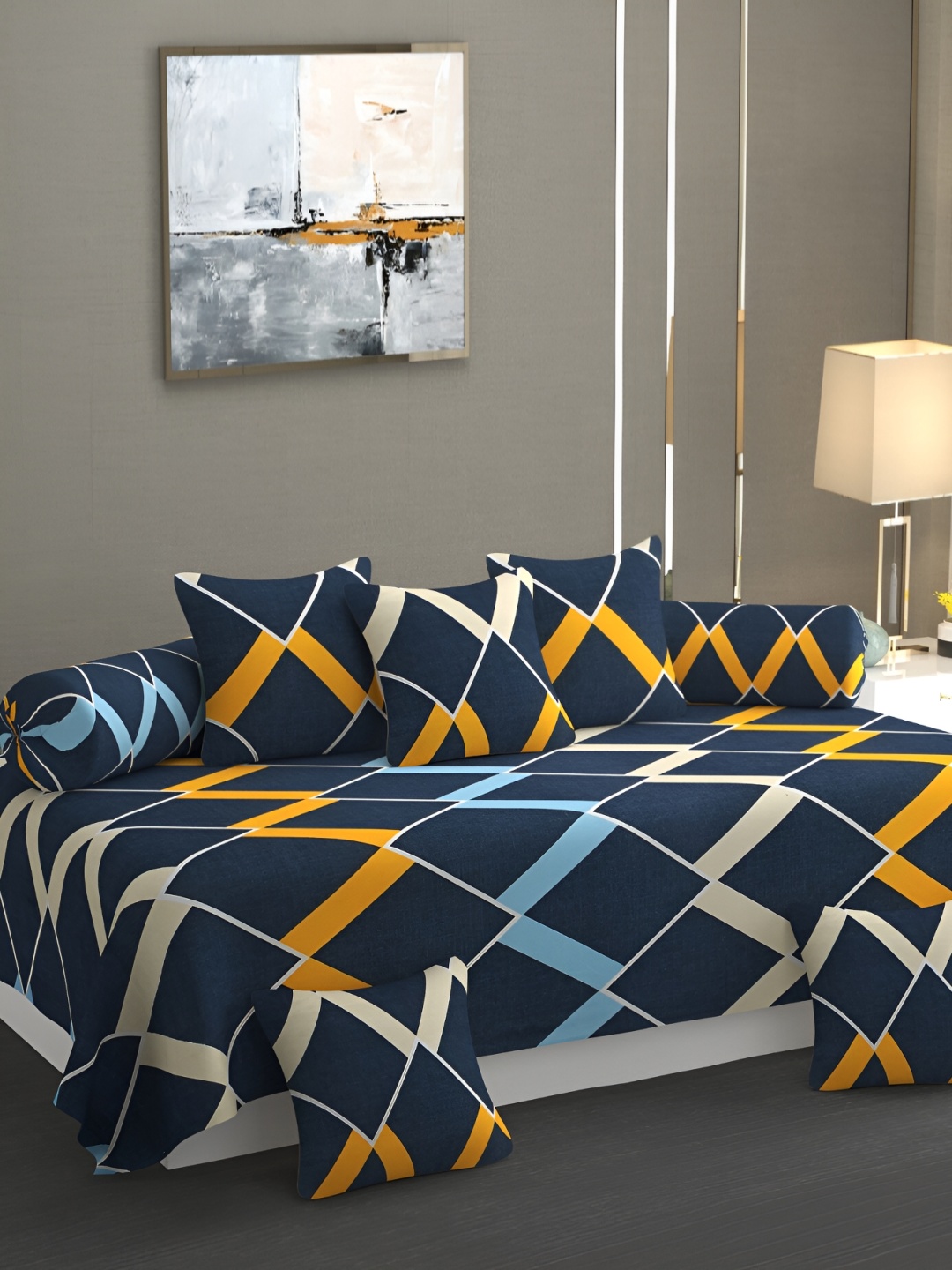 

CHHILAKIYA Navy Blue & Yellow 8 Pcs Geometric Printed Glace Cotton Diwan Set