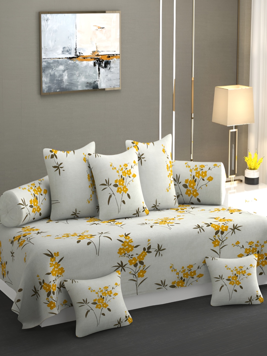 

CHHILAKIYA Grey & Yellow 8 Pcs Floral Printed Glace Cotton Diwan Set