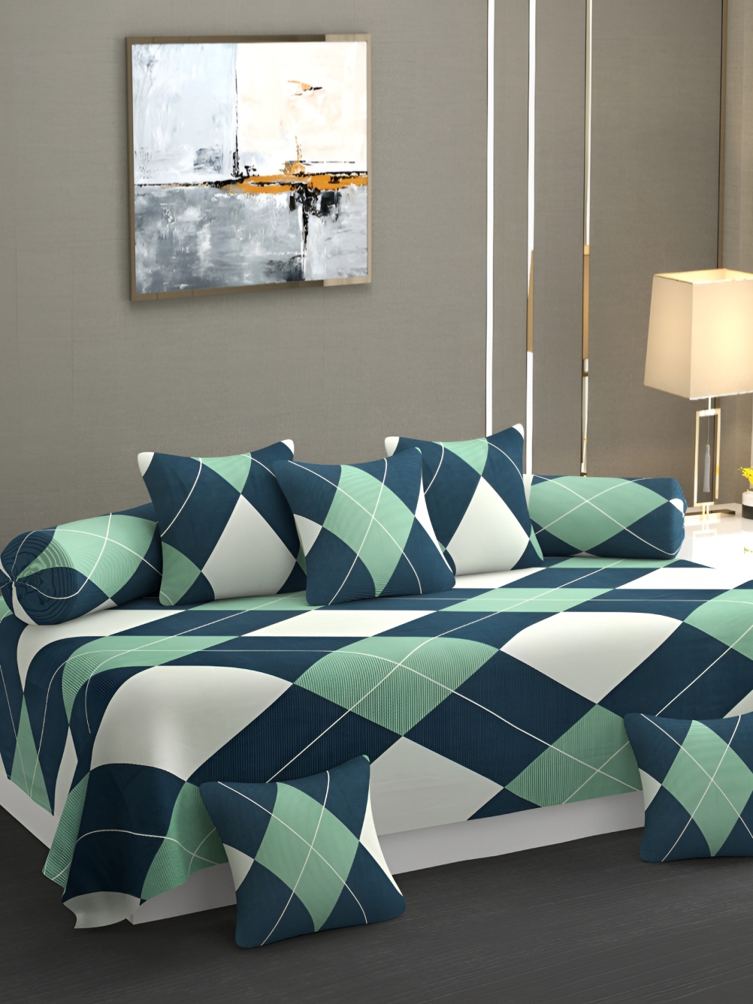 

CHHILAKIYA Blue & Green 8 Pcs Geometric Printed Glace Cotton Diwan Set