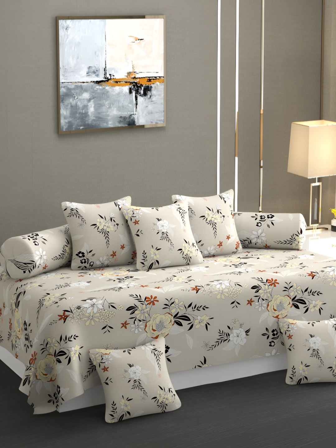 

CHHILAKIYA 8 Pcs Beige & Black Floral Printed Glace Cotton Diwan Set