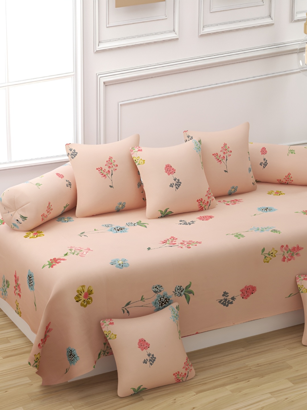 

CHHILAKIYA Peach & Blue 8 Pcs Floral Printed Glace Cotton Diwan Set