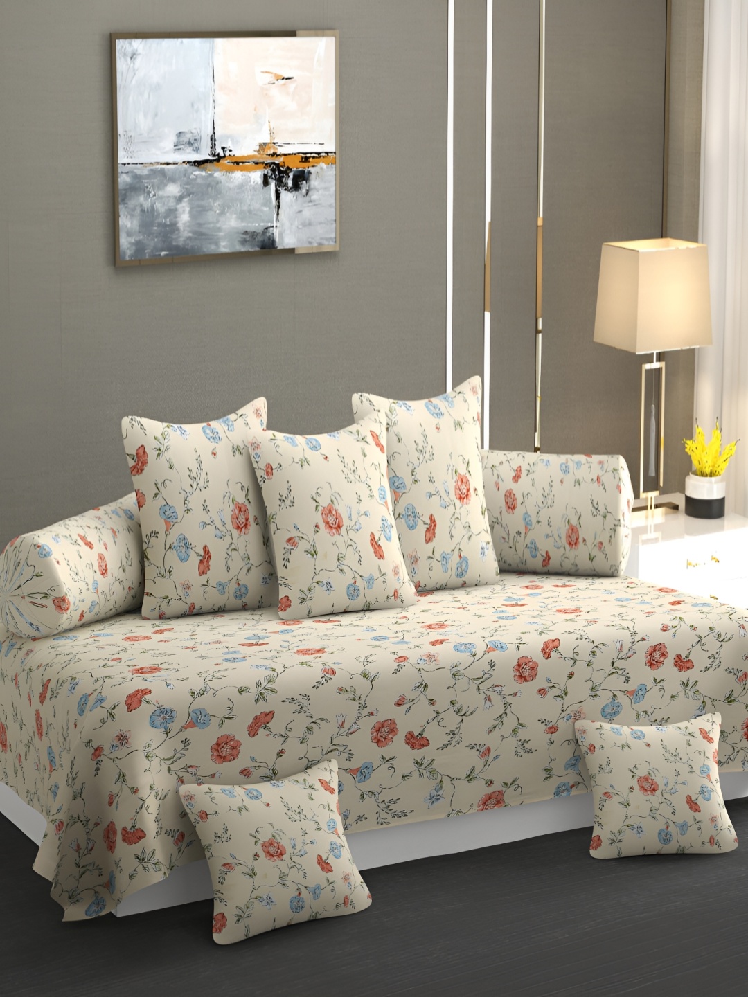 

CHHILAKIYA Off White & Blue 8 Pieces Floral Printed Glace Cotton Diwan Set