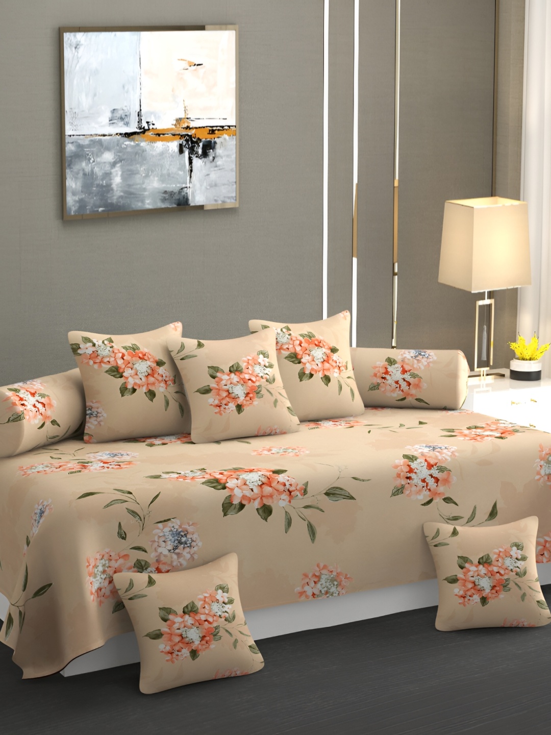 

CHHILAKIYA Beige & Orange 8 Pcs Floral Printed Glace Cotton Diwan Set