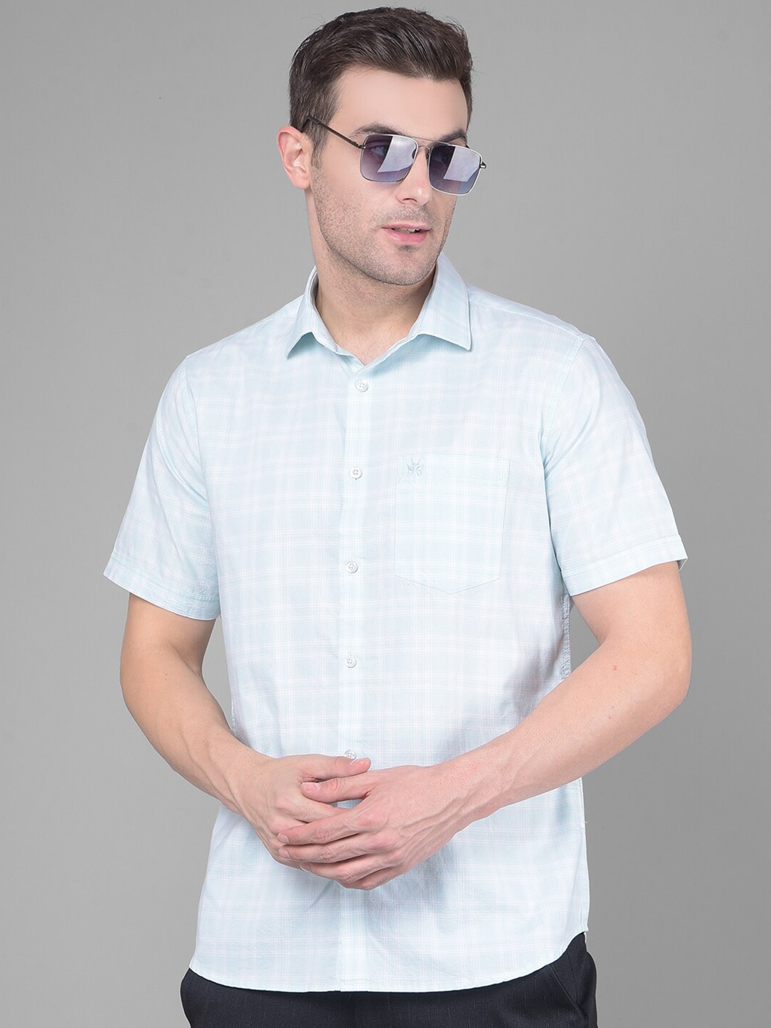 

Crimsoune Club Tartan Checked Classic Slim Fit Pure Cotton Casual Shirt, Blue