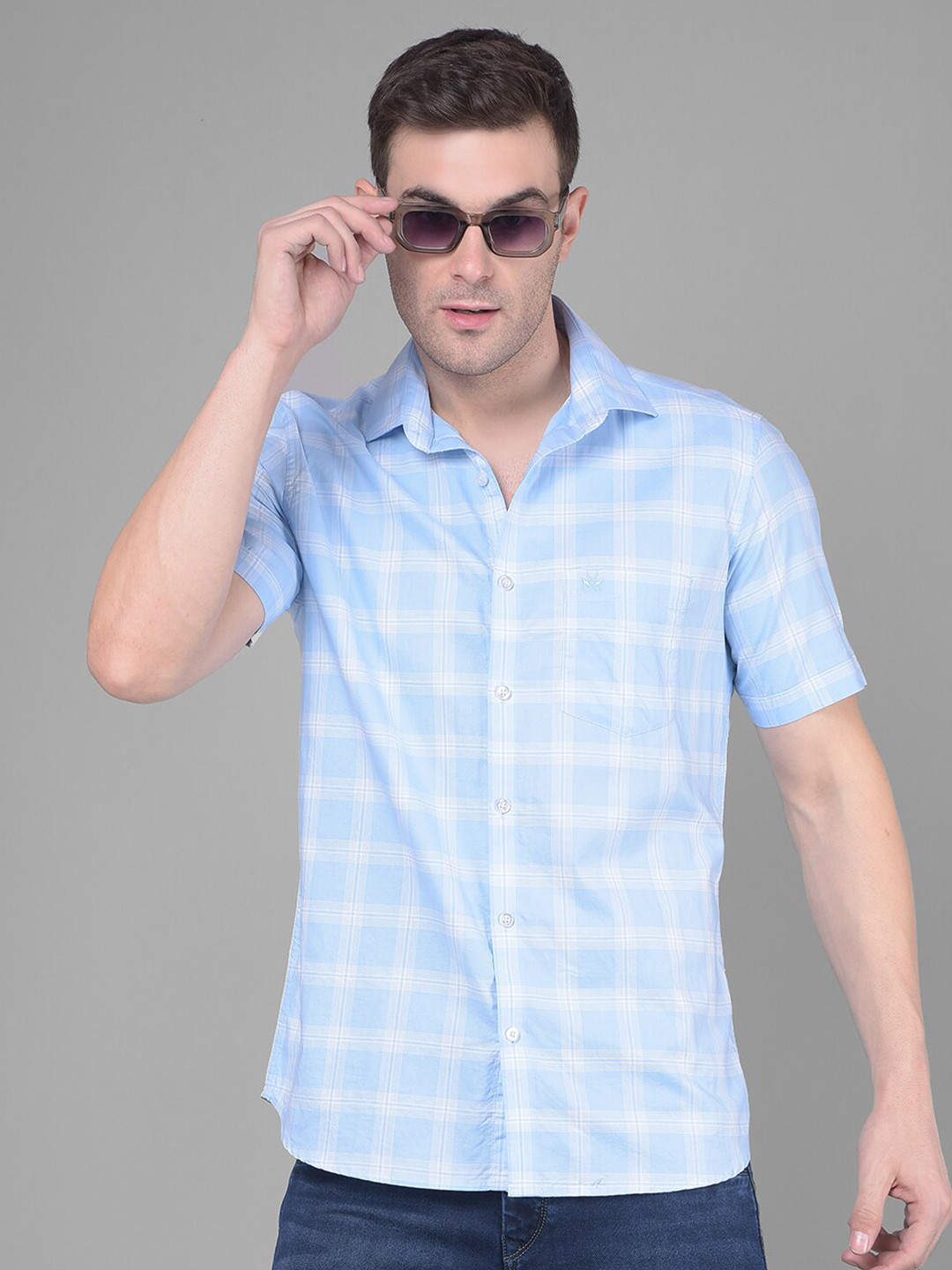 

Crimsoune Club Classic Slim Fit Gingham Checks Spread Collar Cotton Casual Shirt, Blue
