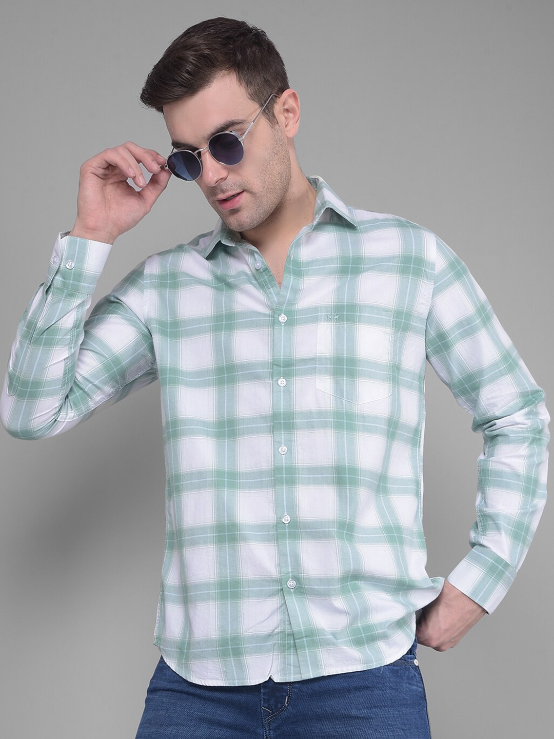 

Crimsoune Club Classic Slim Fit Checked Pure Cotton Casual Shirt, Green