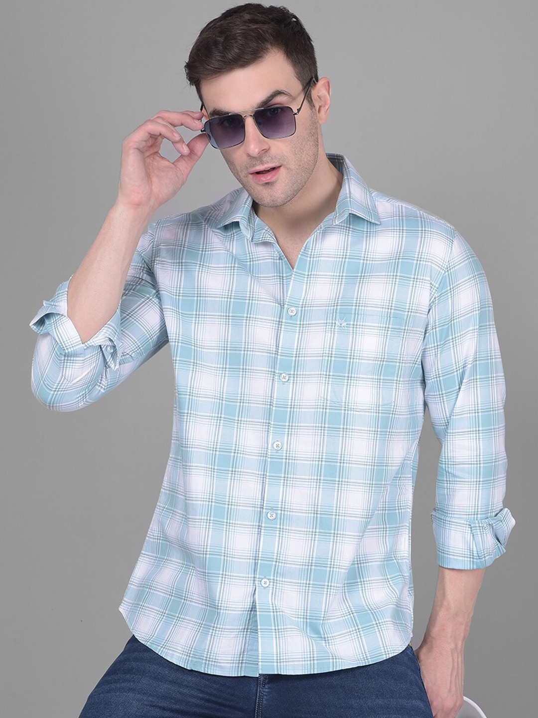 

Crimsoune Club Classic Slim Fit Checked Pure Cotton Casual Shirt, Blue