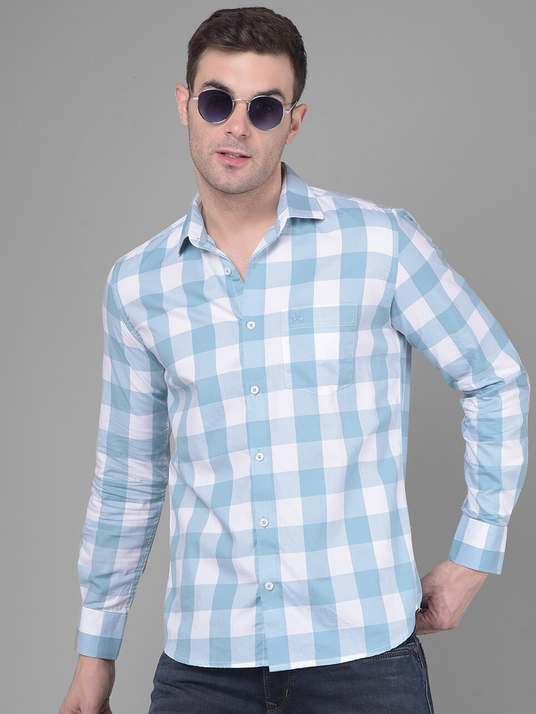 

Crimsoune Club Classic Slim Fit Checked Pure Cotton Casual Shirt, Green