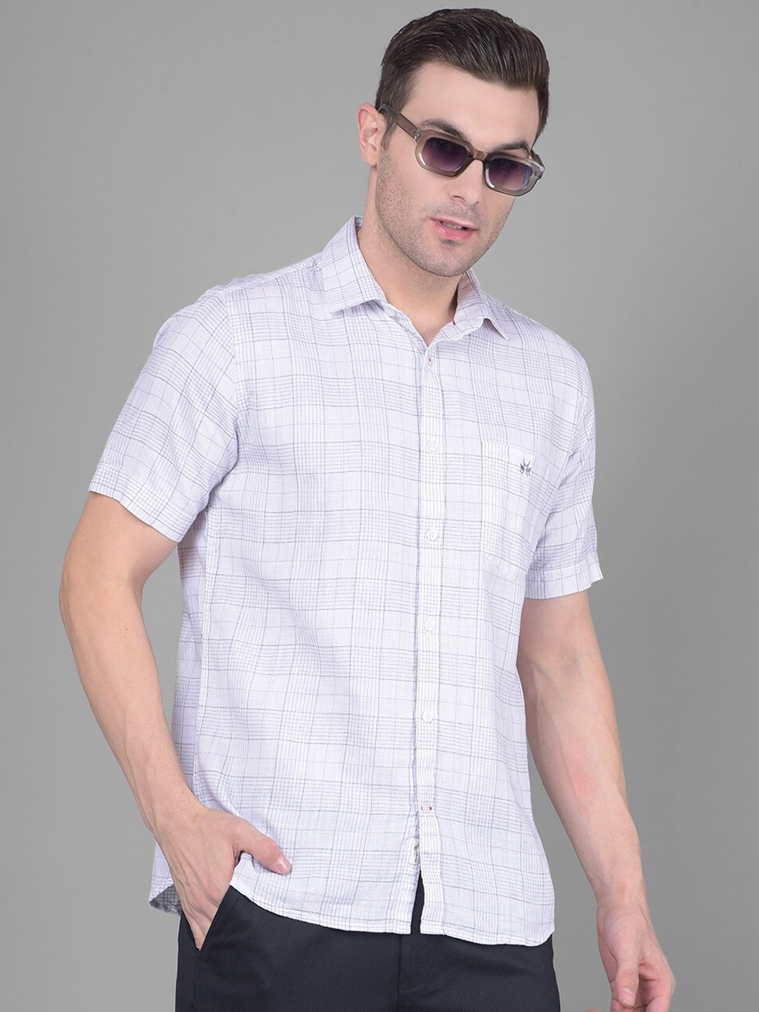 

Crimsoune Club Spread Collar Classic Slim Fit Checked Casual Pure Cotton Shirt, White