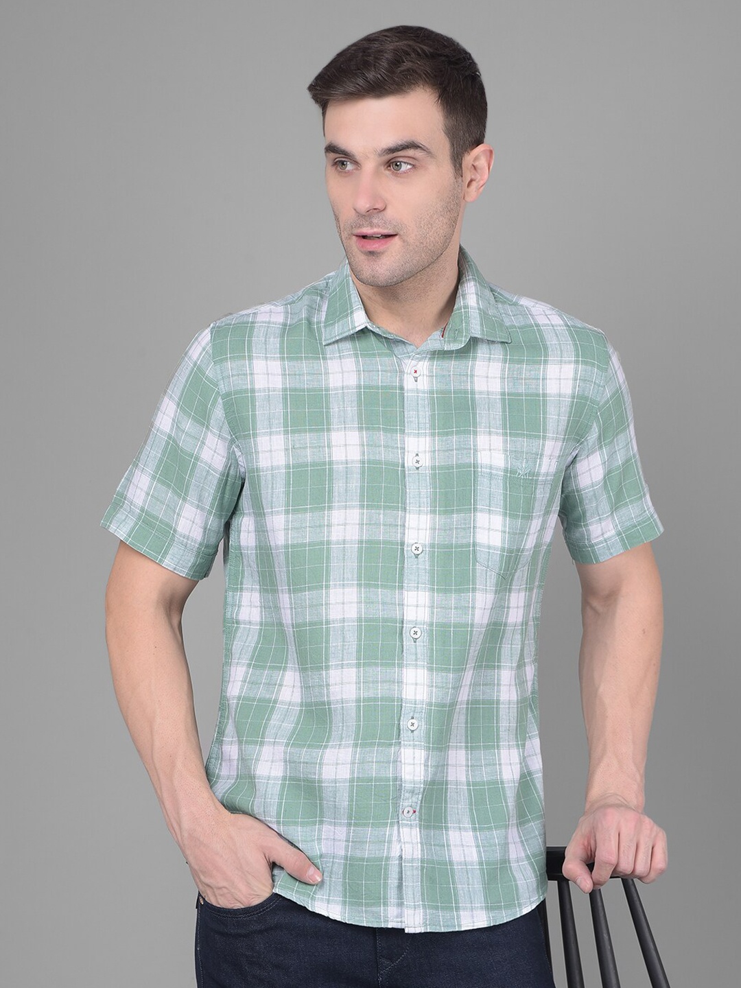 

Crimsoune Club Spread Collar Classic Slim Fit Checked Casual Shirt, Green