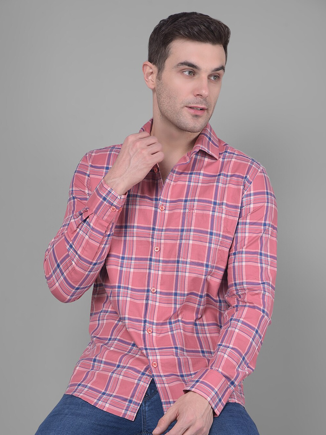 

Crimsoune Club Classic Slim Fit Tartan Checks Pure Cotton Casual Shirt, Peach