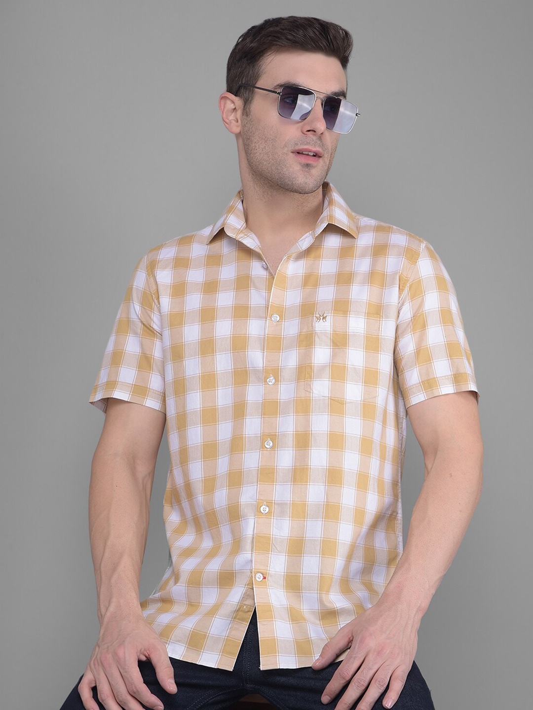 

Crimsoune Club Classic Slim Fit Gingham Checked Pure Cotton Casual Shirt, Beige
