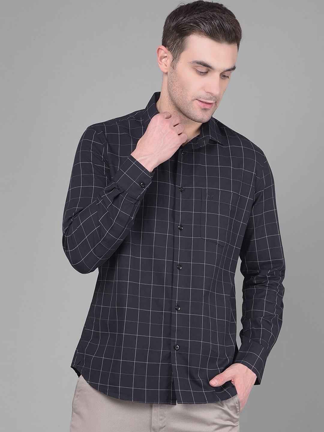 

Crimsoune Club Classic Slim Fit Windowpane Checked Pure Cotton Casual Shirt, Black