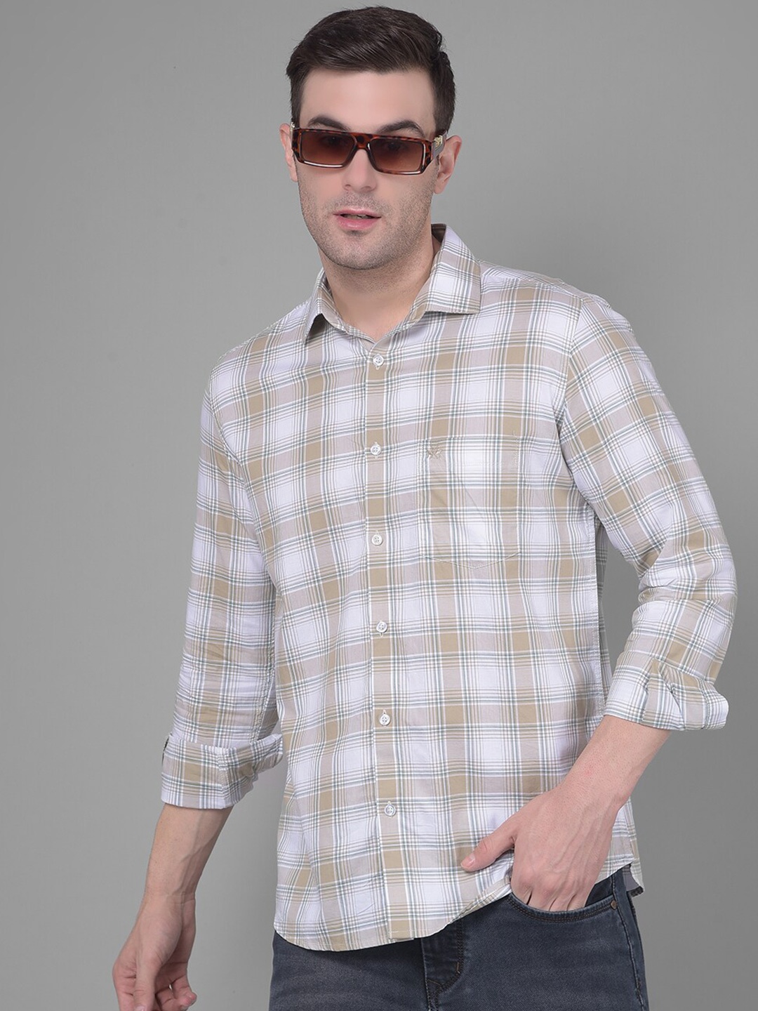 

Crimsoune Club Classic Slim Fit Tartan Checked Pure Cotton Casual Shirt, Beige