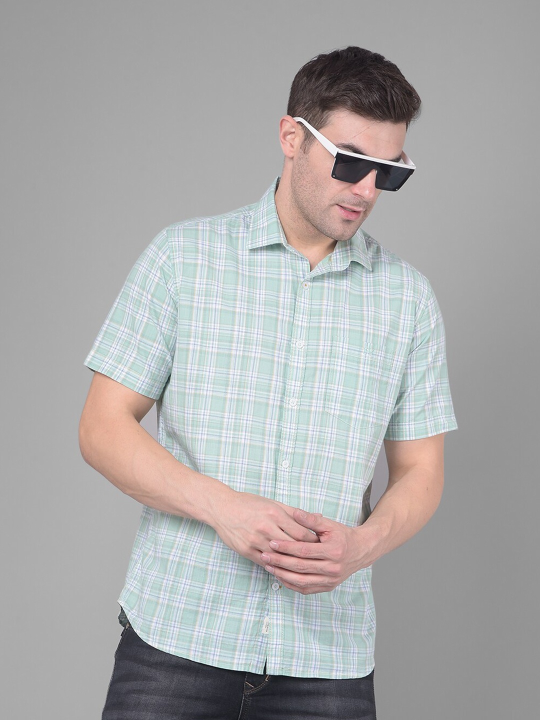 

Crimsoune Club Classic Slim Fit Tartan Checked Short Sleeves Pure Cotton Casual Shirt, Green