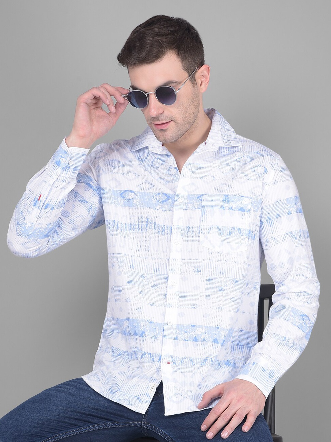 

Crimsoune Club Classic Slim Fit Geometric Printed Pure Cotton Casual Shirt, Blue