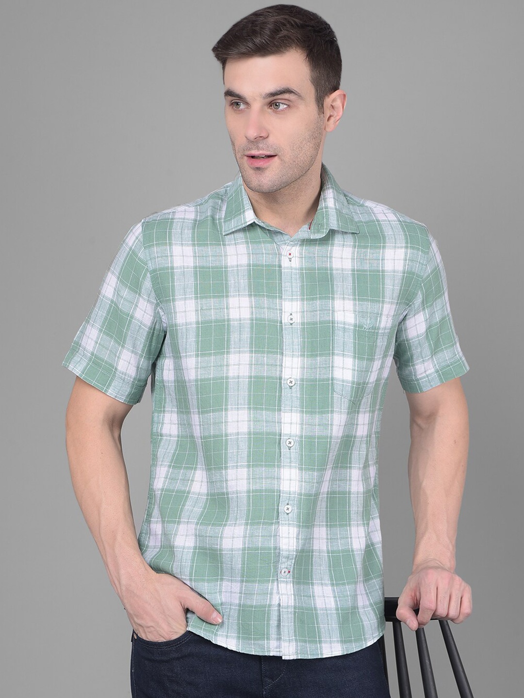 

Crimsoune Club Classic Slim Fit Checked Short Sleeves Casual Shirt, Green