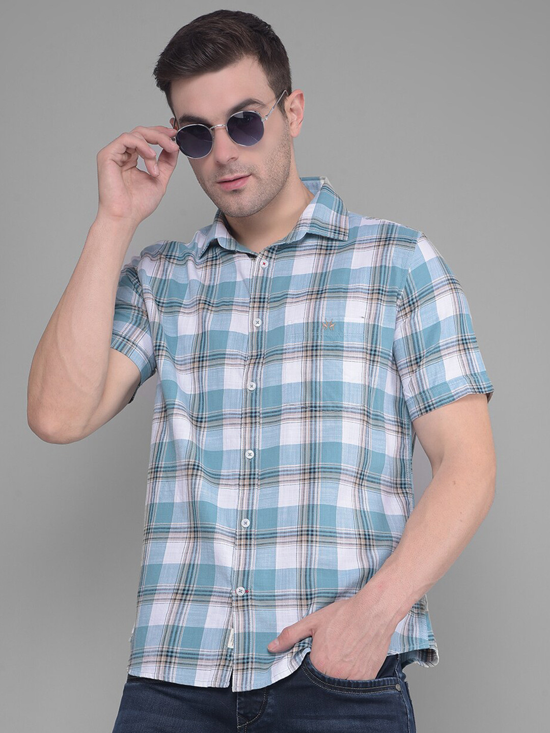 

Crimsoune Club Classic Slim Fit Checked Short Sleeves Pure Cotton Casual Shirt, Blue