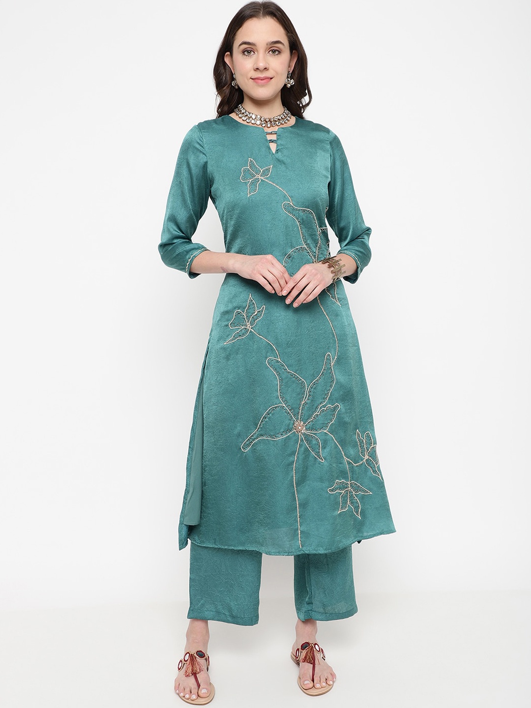 

Be Indi Women Floral Embroidered Straight Silk Kurta Set with Trouser, Turquoise blue