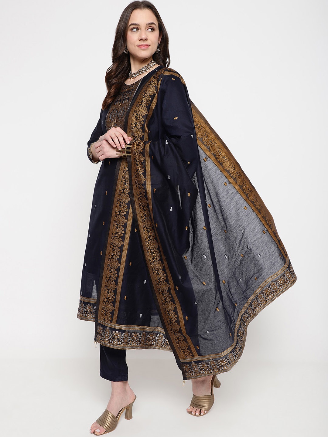 

Be Indi Women Woven Design Straight Kurta Set with Trouser & Dupatta, Navy blue