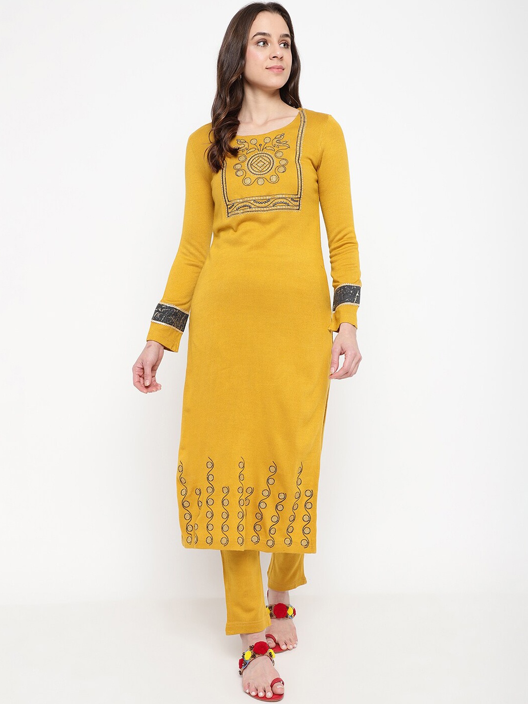 

Be Indi Women Ethnic Motifs Embroidered Round Neck Winter Kurta Set with Trouser, Mustard