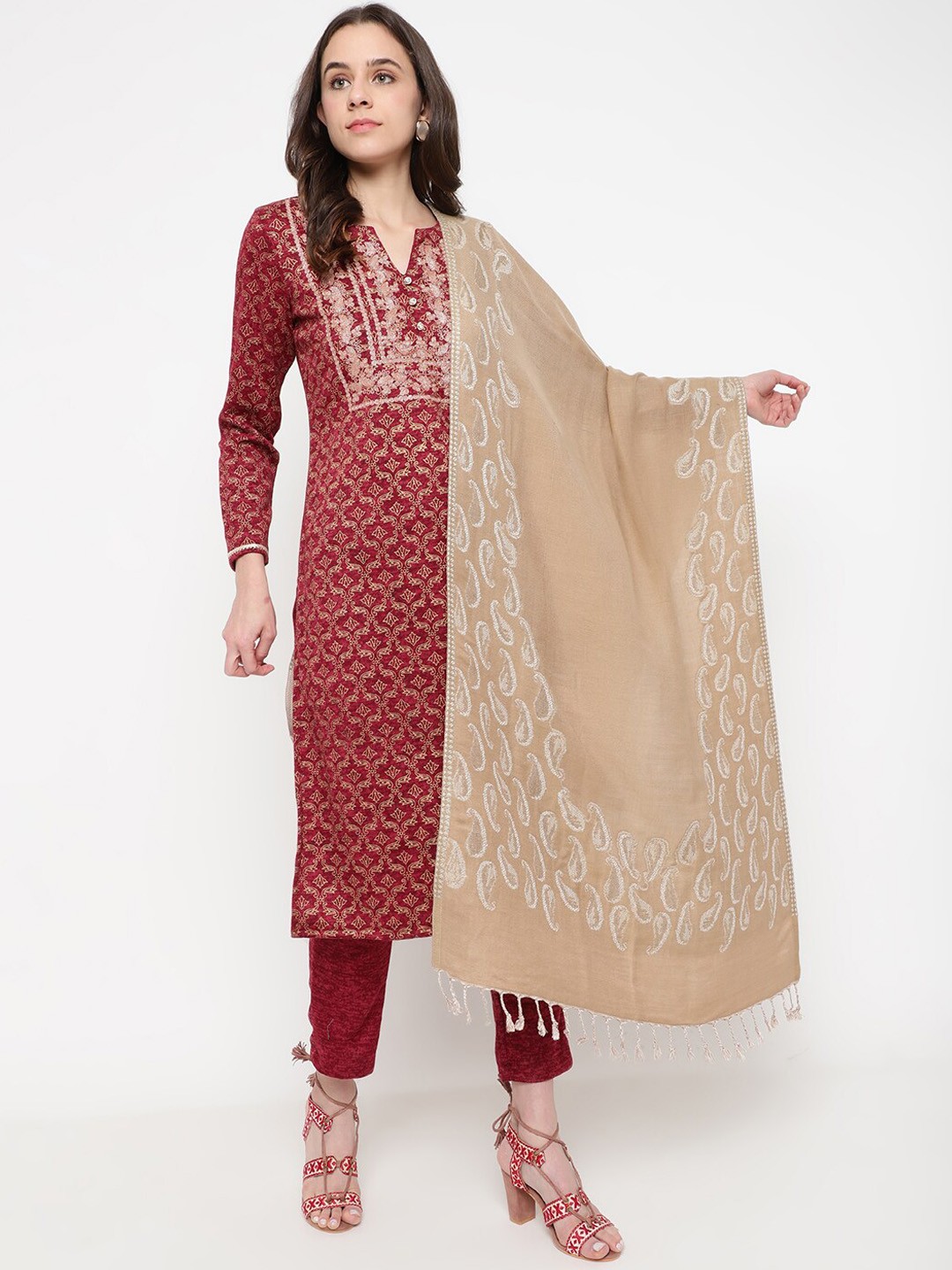 

Be Indi Women Ethnic Motifs Printed Winter Kurta Set with Trouser & Dupatta, Maroon