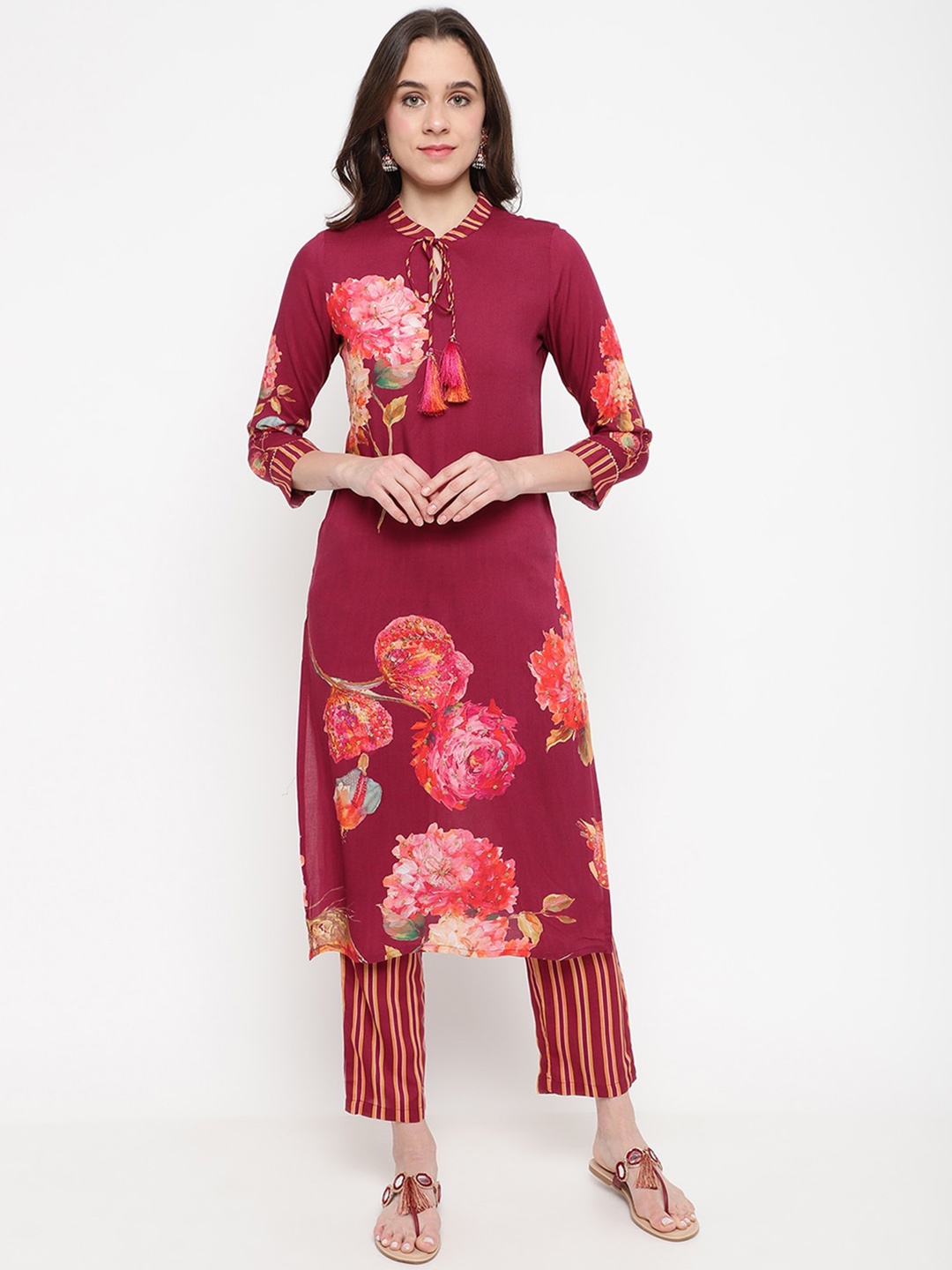 

Be Indi Floral Printed Straight Rayon Kurta Set with Trouser, Maroon