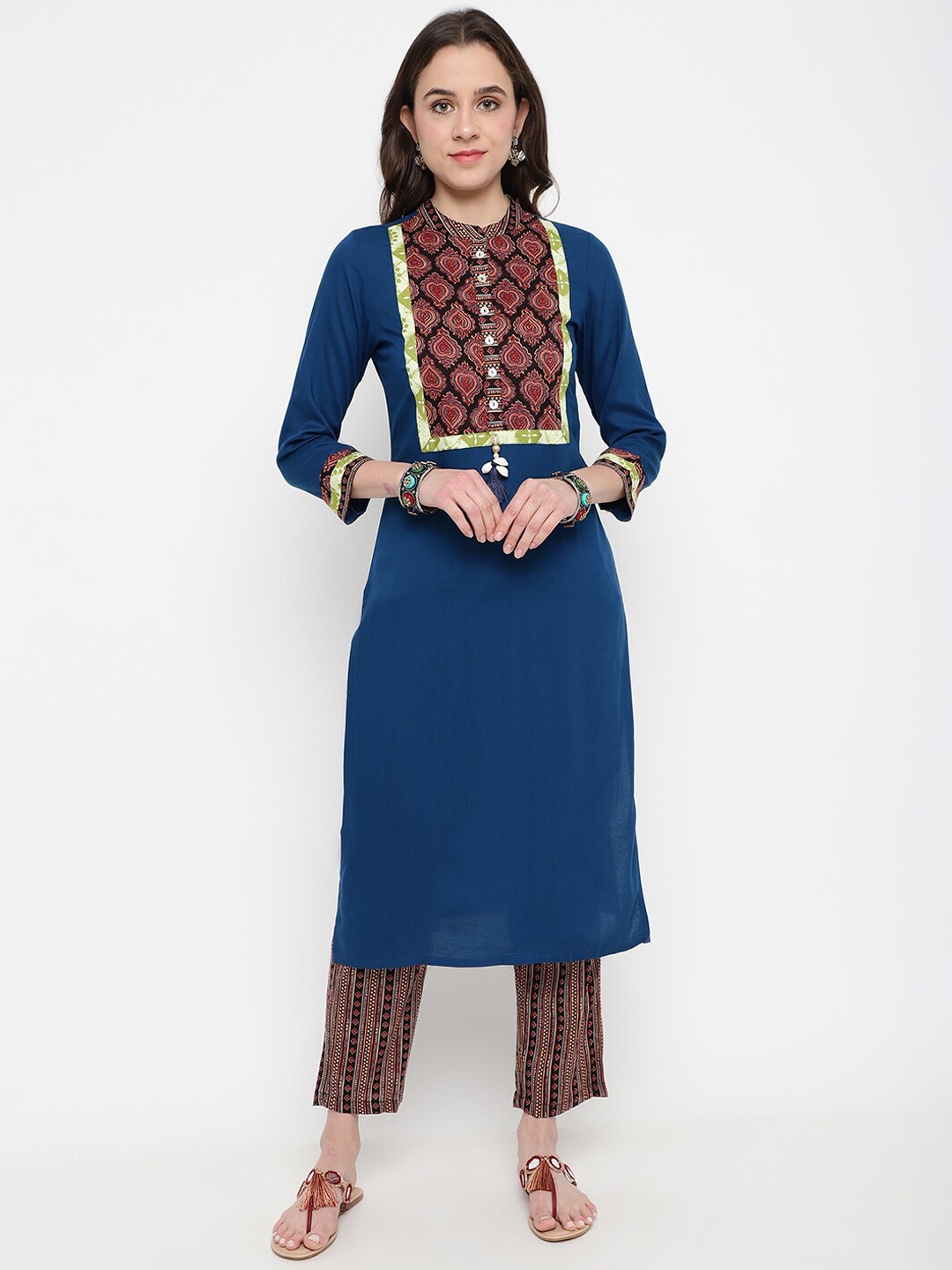 

Be Indi Women Ethnic Motifs Yoke Design Straight Cotton Kurta Set with Trouser, Blue