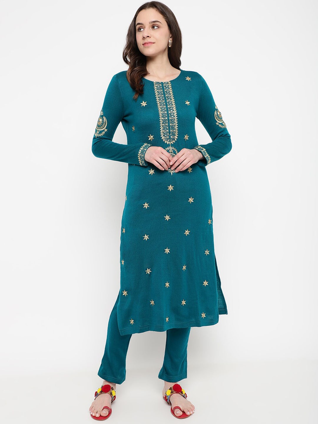 

Be Indi Women Ethnic Motifs Embroidered Straight Kurta Set with Trouser, Turquoise blue