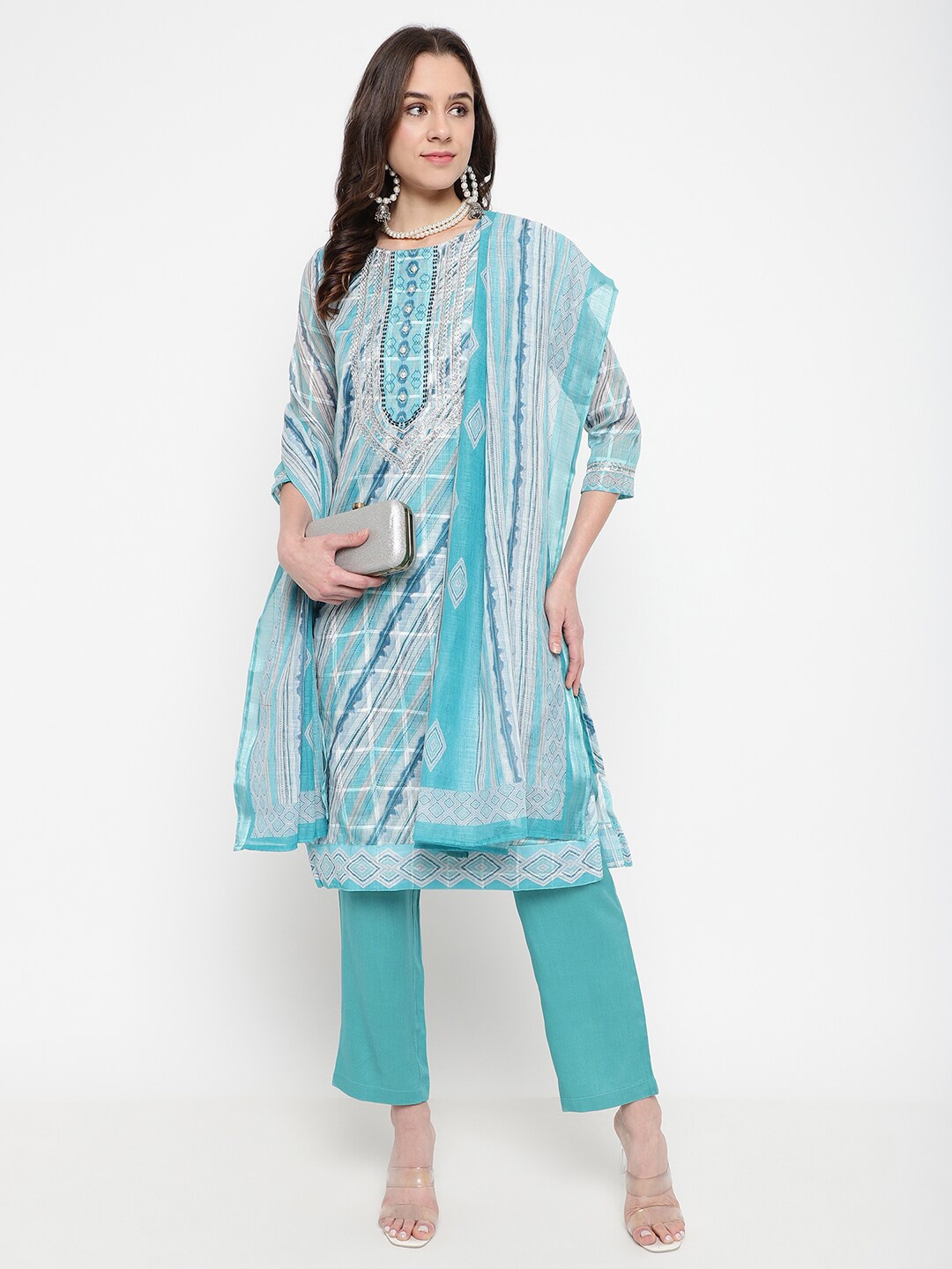 

Be Indi Leheriya Printed Straight Linen Kurta Set with Trouser & Dupatta, Sea green