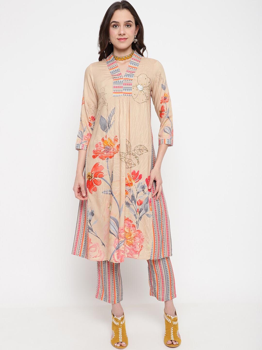 

Be Indi Women Floral Printed A-Line Kurta Set with Trouser, Beige