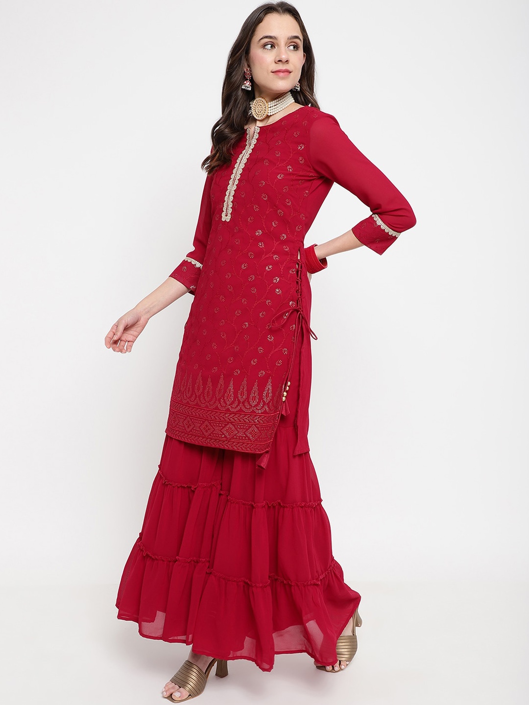 

Be Indi Embroidered Georgette Kurta Set with Sharara & Dupatta, Maroon