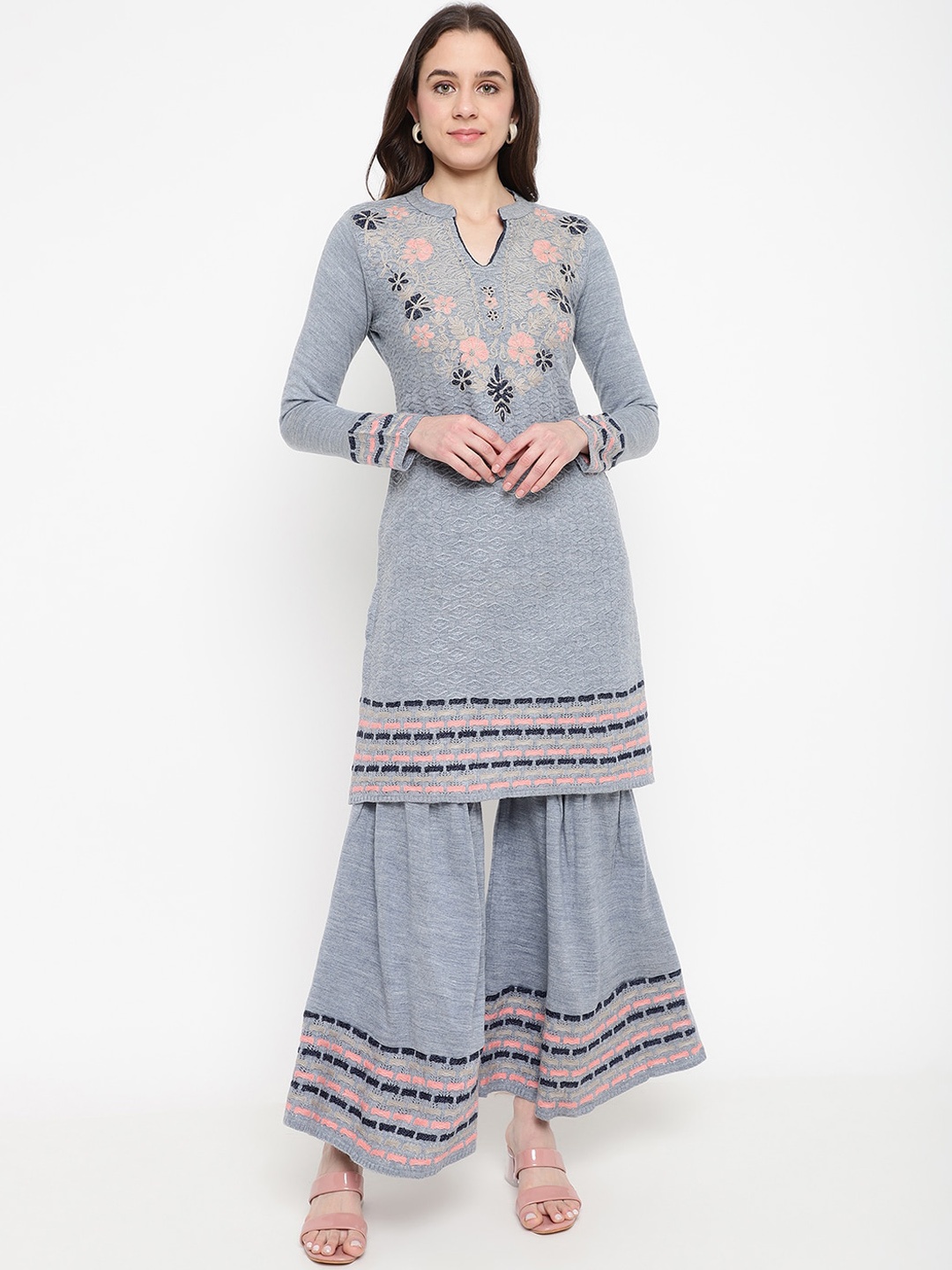

Be Indi Floral Embroidered Kurta with Sharara, Blue