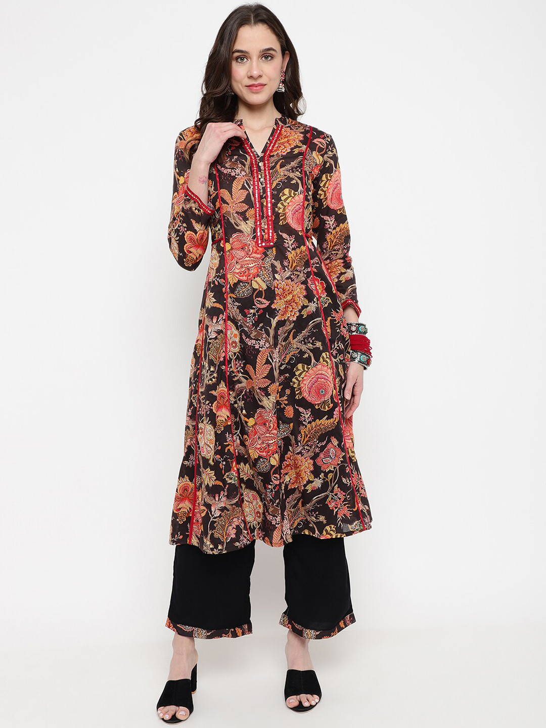 

Be Indi Women Floral Printed A-Line Pure Kurta Set with Palazzo, Black