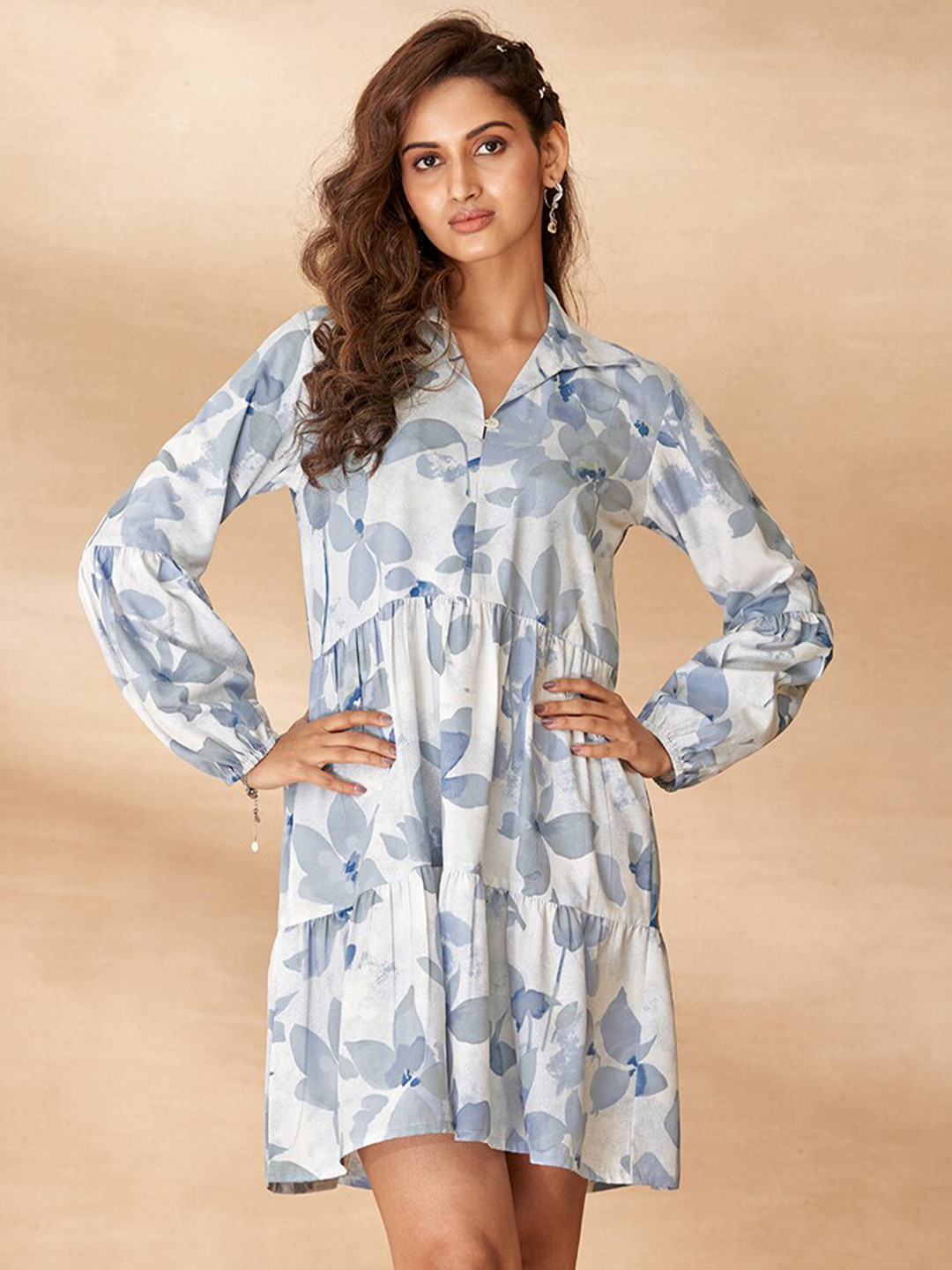 

DRESOUL Floral Printed Shirt Collar Puff Sleeve A-Line Dress, Blue