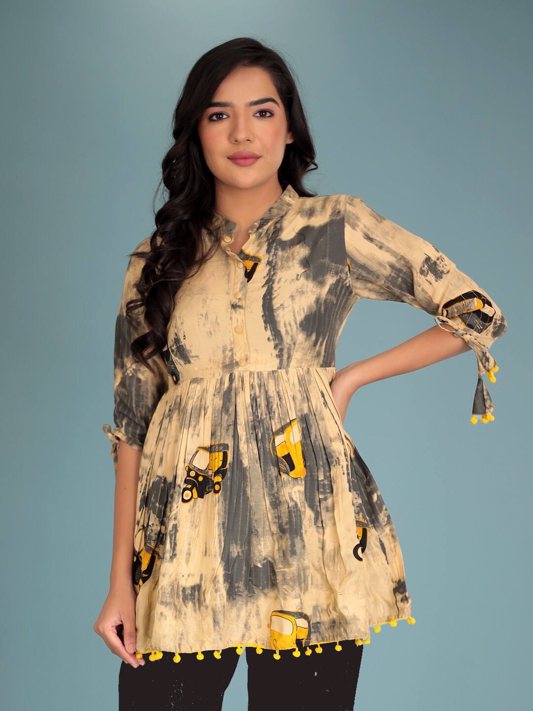 

Indian Virasat Abstract Printed Mandarin Collar Peplum Top, Beige