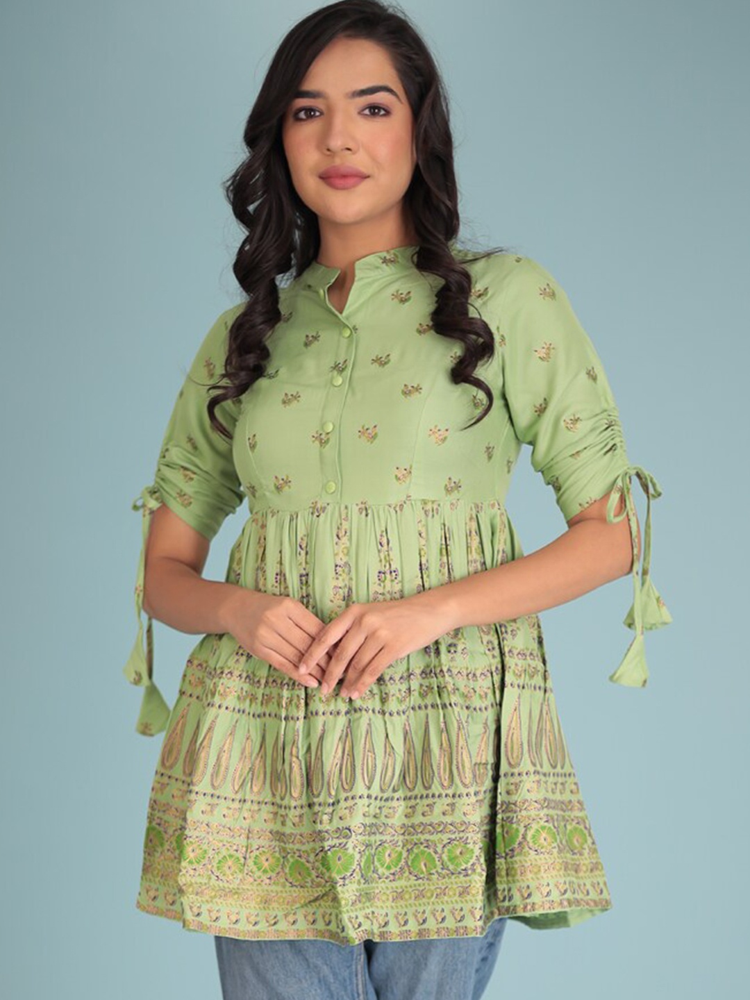 

Indian Virasat Ethnic Motifs Printed Mandarin Collar Peplum Top, Green