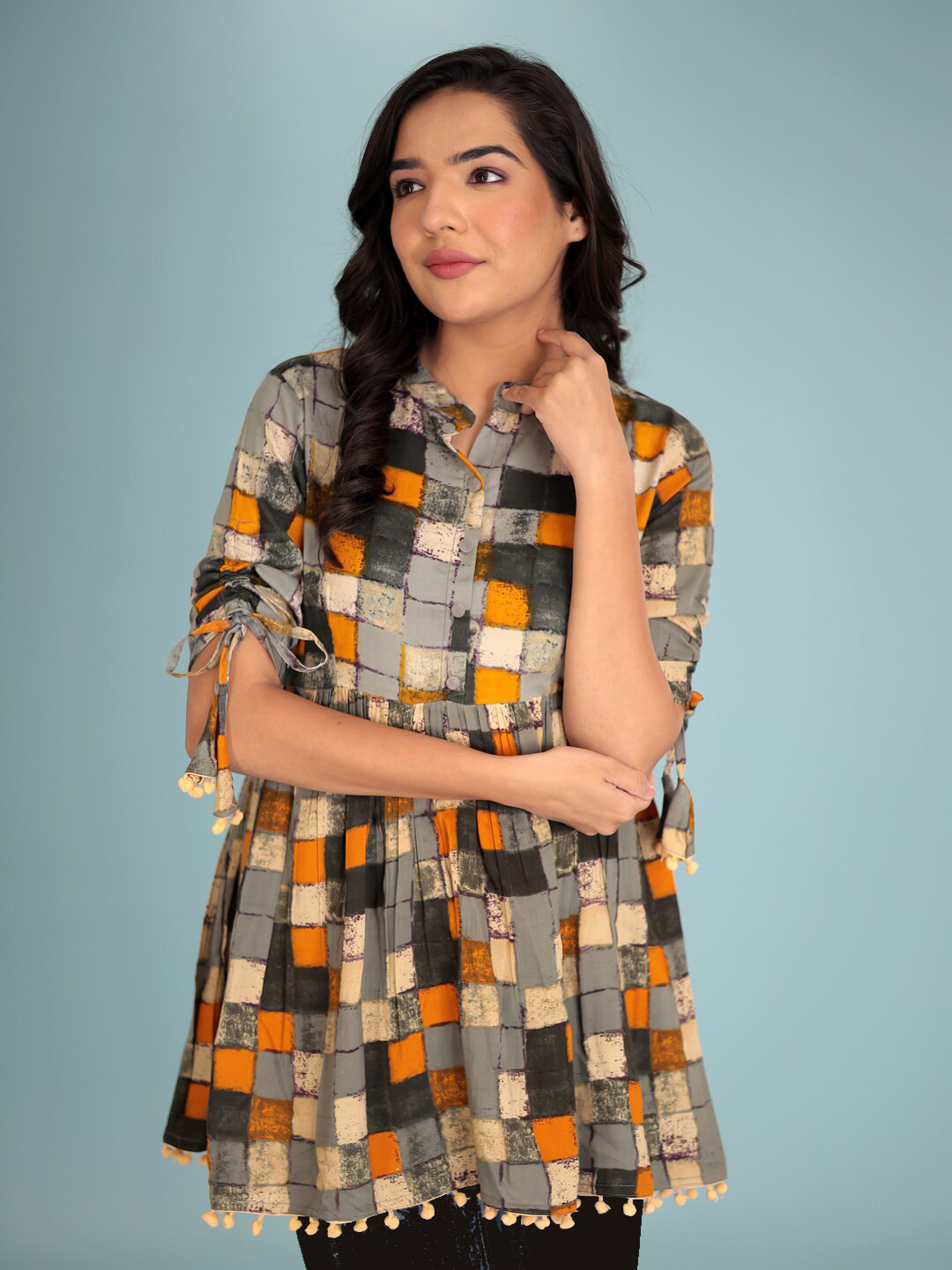 

Indian Virasat geometric Printed Mandarin Collar Peplum Top, Grey
