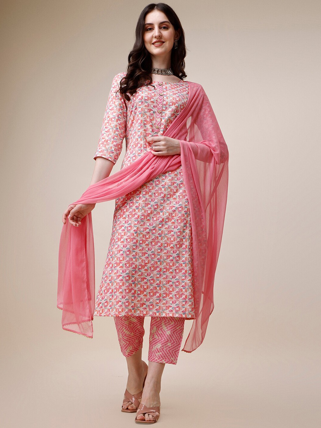 

KALINI Floral Printed Regular Kurta With Trousers & Dupatta, Pink