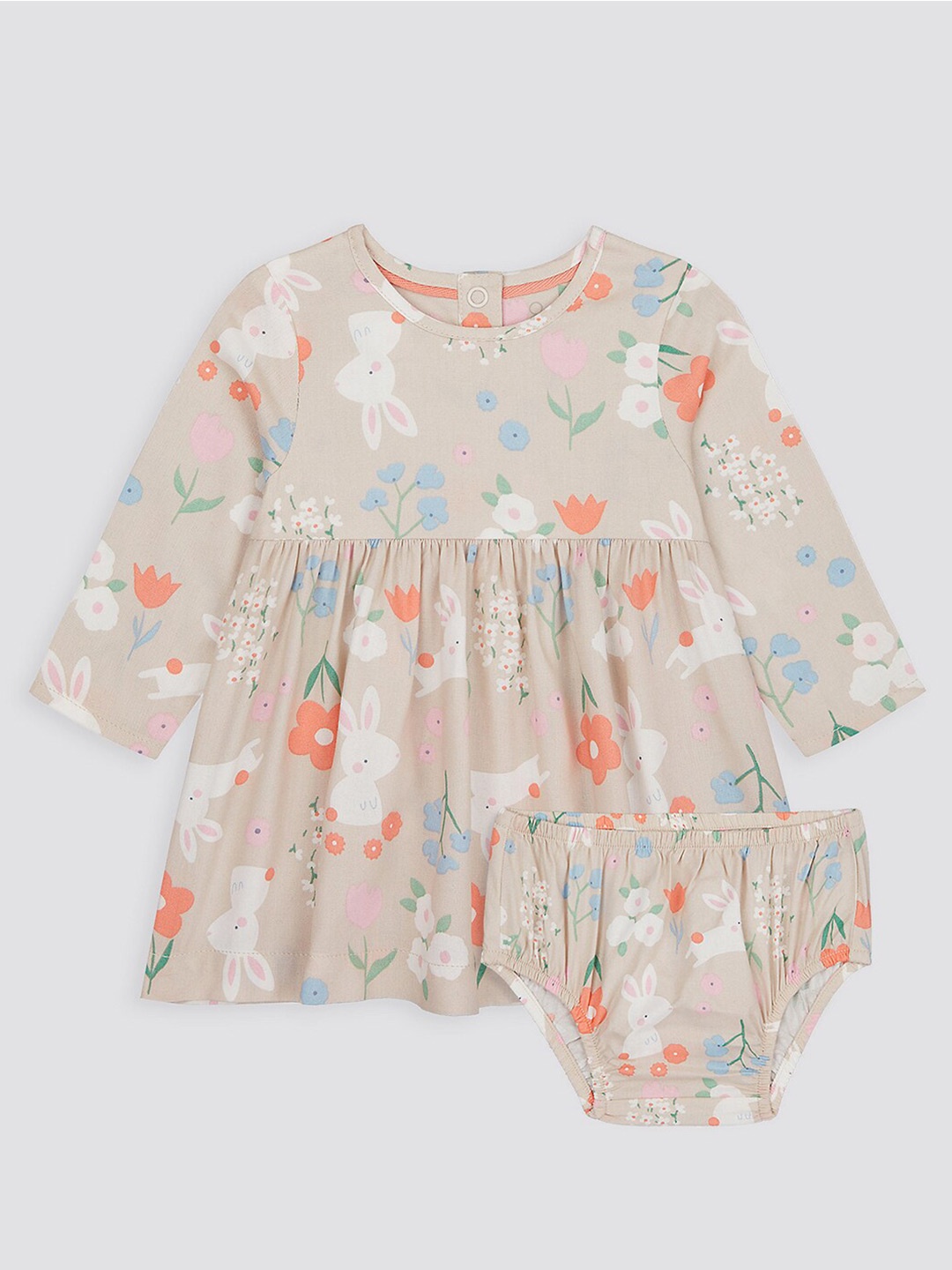 

mothercare Infants Girls Floral Printed Cotton A-Line Dress with Brief, Beige